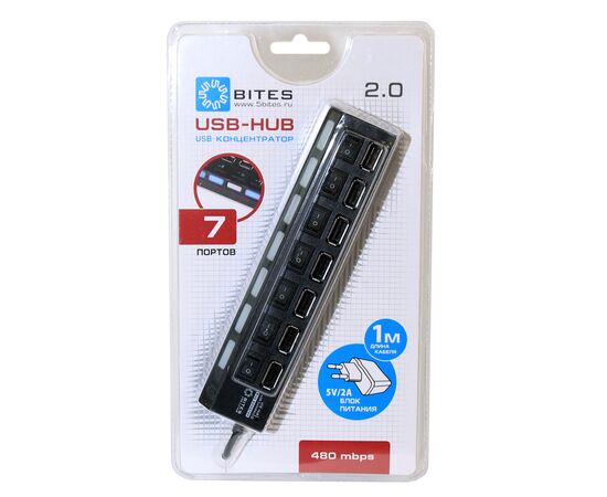  Концентратор 5bites HB27-203PBK 7*USB2.0/БП 5В-2А/1M/Black 