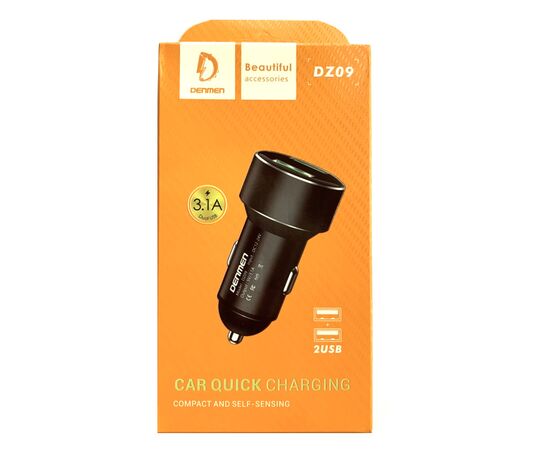  Адаптер питания автомобильный Denmen DZ09, 3.1А, 2 USB, 12-24 V, пластик, золотистый, фирменная упаковка 
