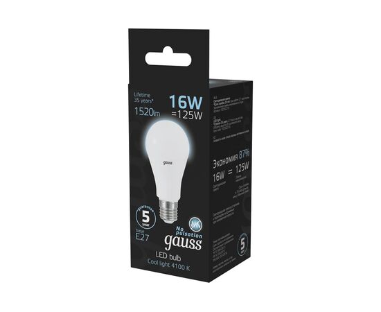  Лампа Gauss (102502216) светодиодная A60 16Вт цок. E27 груша 220B 4100K св.свеч.бел.нейт. (упак. 10шт) 