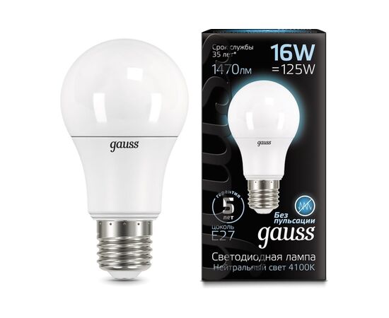  Лампа Gauss (102502216) светодиодная A60 16Вт цок. E27 груша 220B 4100K св.свеч.бел.нейт. (упак. 10шт) 