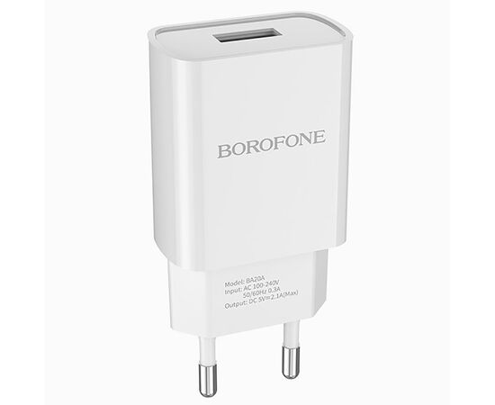  Адаптер Сетевой с кабелем Borofone BA20A Sharp 1USB/5V/2.1A +Type-C (white) 