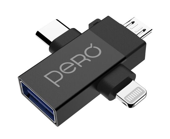  Адаптер PERO AD14 OTG LIGHTNING+USB-C+MICRO-USB TO USB 3.0, черный 
