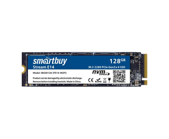  Внутренний SSD  Smart Buy  128GB  Stream E14, PCIe Gen3 x4, R/W - 1100/1800 MB/s, (M.2), 2280, TLC 3D NAND 