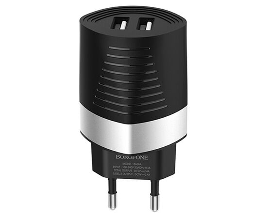  Сетевое зарядное устройство BOROFONE BA26A Mighty 2xUSB, 2.4A, черный 