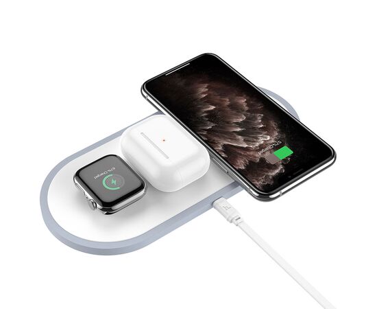  Беспроводное зарядное устройство HOCO CW24 Handsome 3-in-1 для iPhone+Airpods+Apple Watch с Кабелем Type-C, 2.0A, 10W, белый 