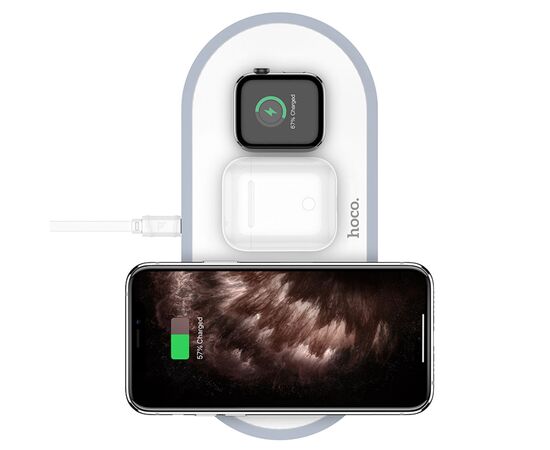  Беспроводное зарядное устройство HOCO CW24 Handsome 3-in-1 для iPhone+Airpods+Apple Watch с Кабелем Type-C, 2.0A, 10W, белый 