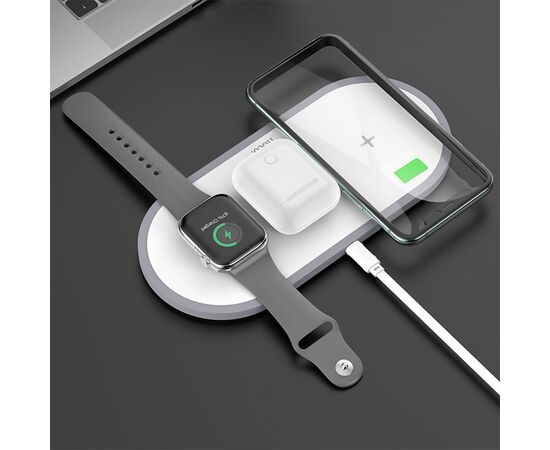  Беспроводное зарядное устройство HOCO CW24 Handsome 3-in-1 для iPhone+Airpods+Apple Watch с Кабелем Type-C, 2.0A, 10W, белый 