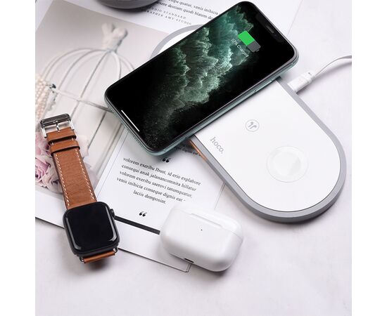  Беспроводное зарядное устройство HOCO CW24 Handsome 3-in-1 для iPhone+Airpods+Apple Watch с Кабелем Type-C, 2.0A, 10W, белый 