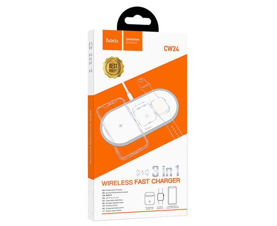  Беспроводное зарядное устройство HOCO CW24 Handsome 3-in-1 для iPhone+Airpods+Apple Watch с Кабелем Type-C, 2.0A, 10W, белый 