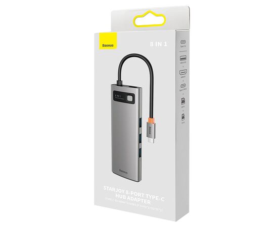  USB HUB разветвитель BASEUS Metal Gleam Series 8 в 1 Type-C (m) - 2xUSB3.0 + Type-C PD + 2xHDMI + RJ45 + SD/TF, серый 