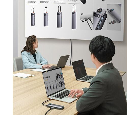  USB HUB разветвитель BASEUS Metal Gleam Series 8 в 1 Type-C (m) - 2xUSB3.0 + Type-C PD + 2xHDMI + RJ45 + SD/TF, серый 