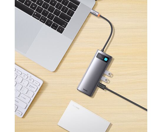  USB HUB разветвитель BASEUS Metal Gleam Series 8 в 1 Type-C (m) - 2xUSB3.0 + Type-C PD + 2xHDMI + RJ45 + SD/TF, серый 