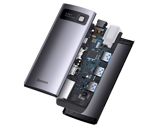  USB HUB разветвитель BASEUS Metal Gleam Series 8 в 1 Type-C (m) - 2xUSB3.0 + Type-C PD + 2xHDMI + RJ45 + SD/TF, серый 