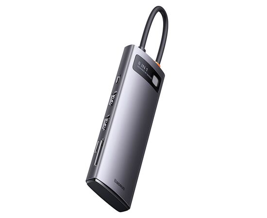  USB HUB разветвитель BASEUS Metal Gleam Series 8 в 1 Type-C (m) - 2xUSB3.0 + Type-C PD + 2xHDMI + RJ45 + SD/TF, серый 