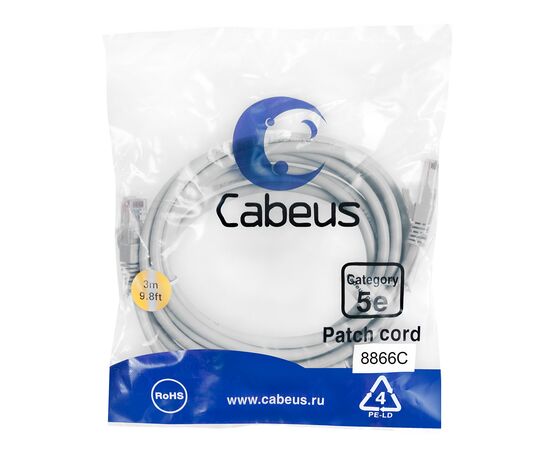 Патч-корд Cabeus (PC-UTP-RJ45-Cat.5e-3m-LSZH) U/UTP, категория 5е, 2xRJ45/8p8c, неэкранированный, серый, LSZH, 3м 