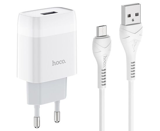  Сетевое зарядное устройство 1USB 2.4A в комплекте с дата-кабелем micro USB Hoco C72A 1м (White) 