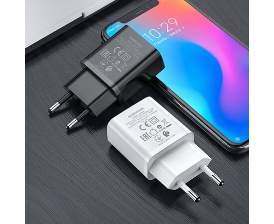  Блок питания сетевой 1 USB Borofone, BA52A, Gamble, 2100mA, пластик, огнестойкий, цвет: чёрный(1/66/254) 