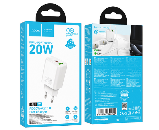  Сетевой Адаптер HOCO N61 Gental PD20W+QC3.0 charger(EU) White 
