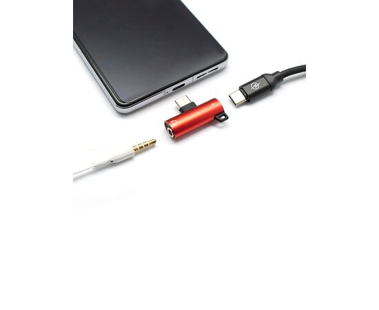  Адаптер Type-C(M) на Jack 3.5мм(F)+Type-C(F) красный, блистер 